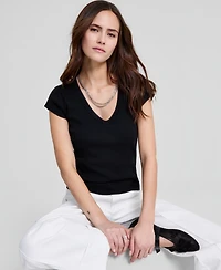 And Now This Women's V-Neck Rib-Knit Short-Sleeve T-Shirt, Macy's Exclusive