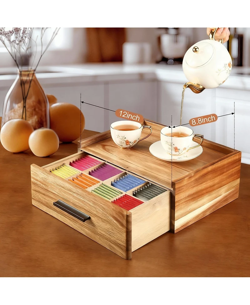 Yigii 12-Compartment Wood Tea Bag Organizer with Drawer