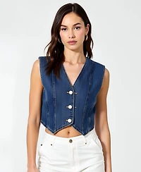 Modenaire Women's V-Neck Button-Front Angled Hem Denim Vest