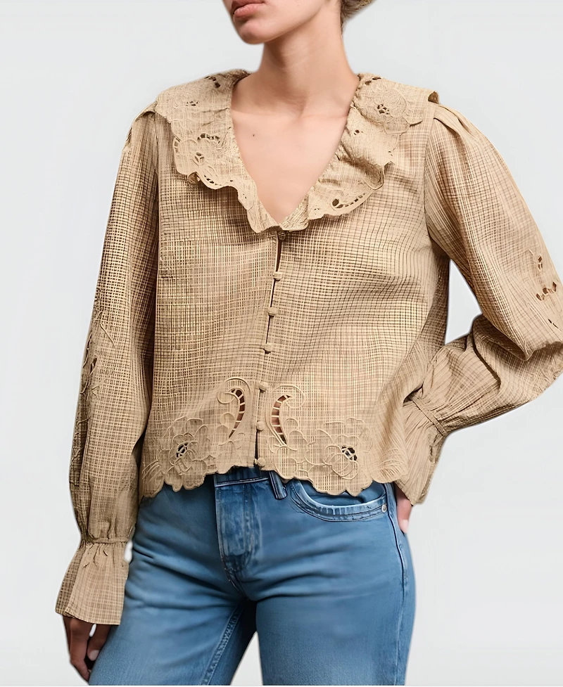 Modenaire Women's Florence Embroidered Ruffle Collar Puff Sleeve Blouse