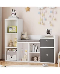 gaomon Kids Bookshelf with Reading Nook – White Wooden Toy Storage Organizer, 6-Cubby Storage Bench with Seat Cushion and 2 Drawers