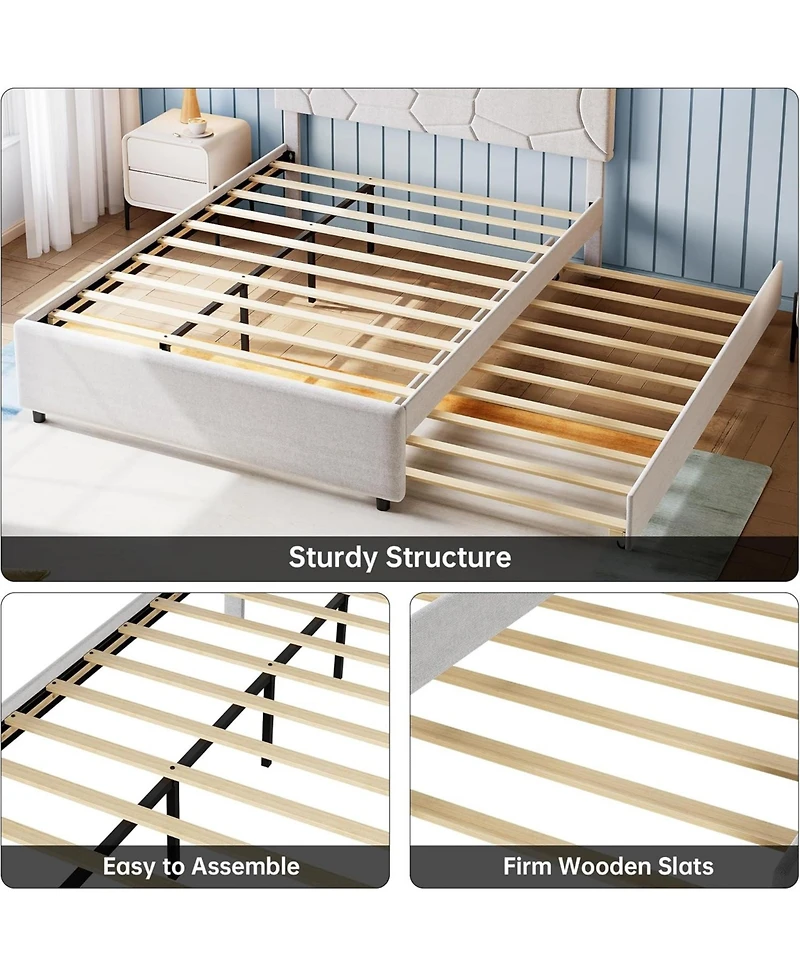 gaomon Queen Trundle Bed Combo with Pull-Out Platform, Upholstered Frame with Headboard, Wood Slat Support, Space-Saving