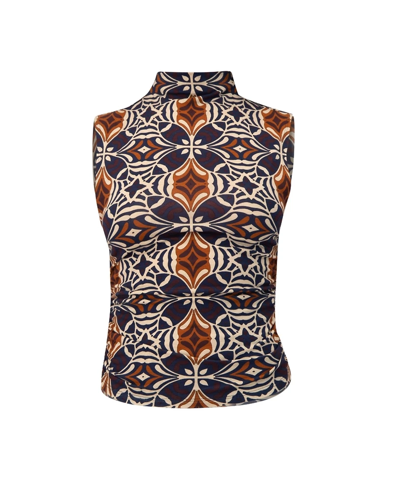 Ivonne Women's Ruched Side High Neck Sleeveless Blouse