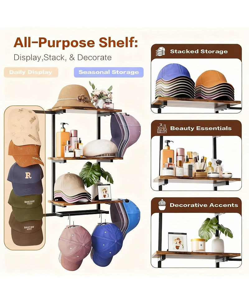 Yigii Wall Hat Rack with Shelves for Hats, Caps, & Decor