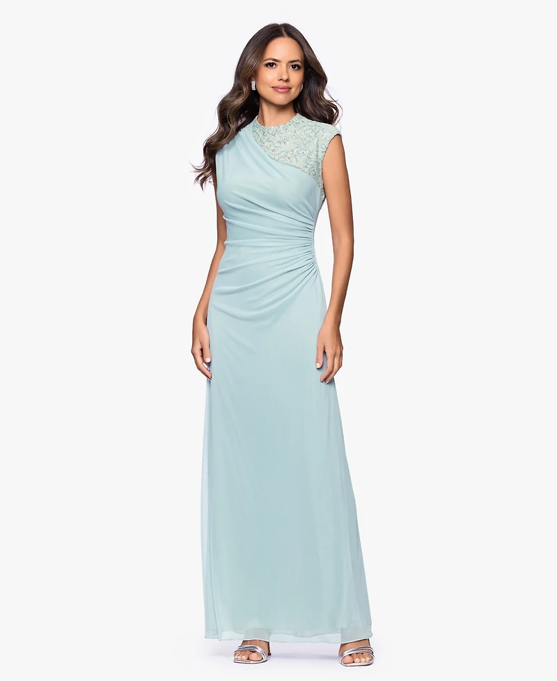 Betsy & Adam Petite Lace Trim Ruched Sleeveless Gown