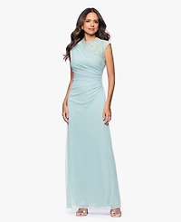 Betsy & Adam Petite Lace Trim Ruched Sleeveless Gown
