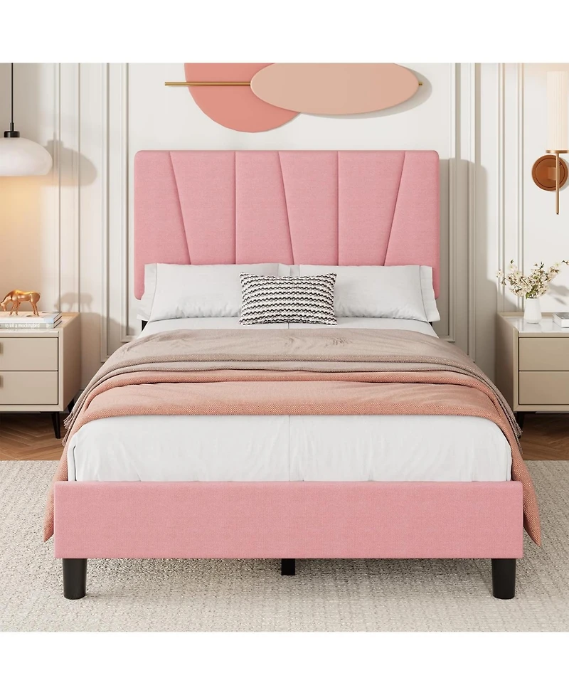 gaomon Twin Platform Bed Frame with Upholstered Fabric Headboard, Wooden Slat Support, No Box Spring Needed, Easy Assembly for Bedroom