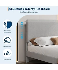 gaomon Twin Bed Frame with Charging Station, Corduroy Upholstered Platform Bed with Headboard Shelf, Wooden Slats, Noise Free, Easy Assembly