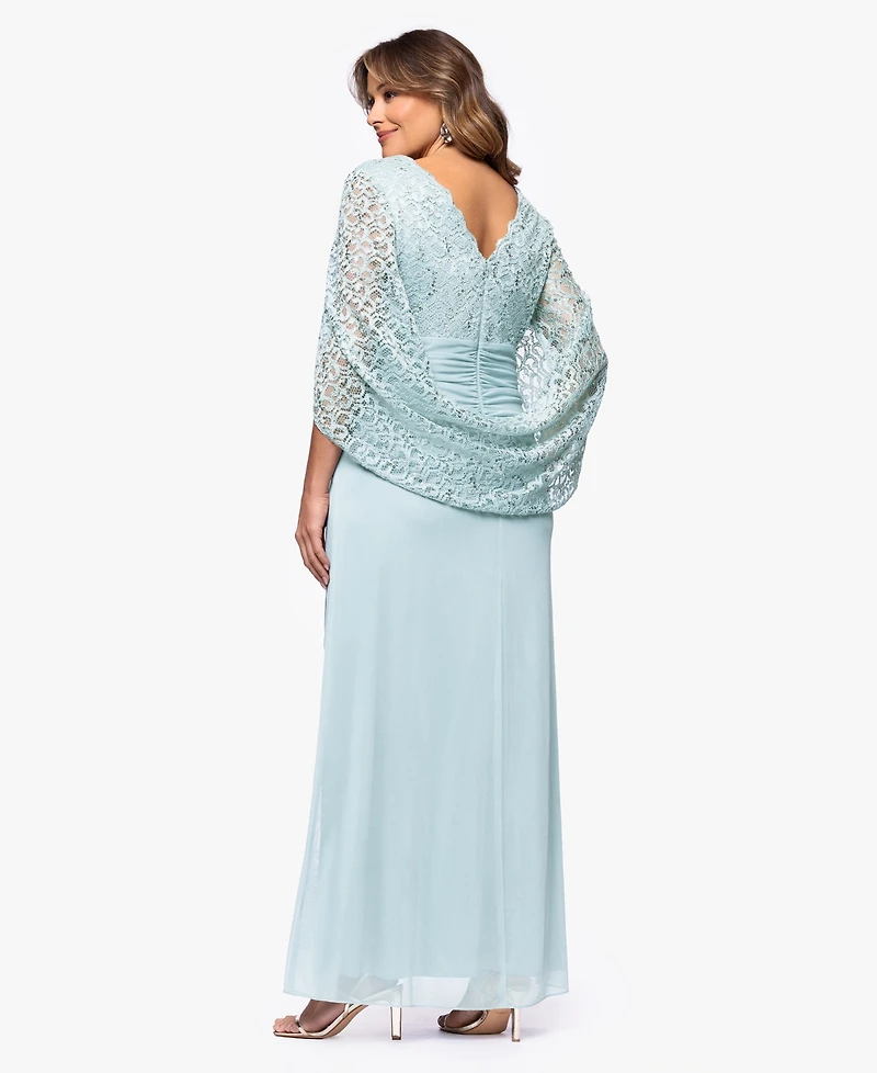 Betsy & Adam Plus Lace-Cape-Sleeve Embellished Gown