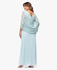 Betsy & Adam Plus Lace-Cape-Sleeve Embellished Gown