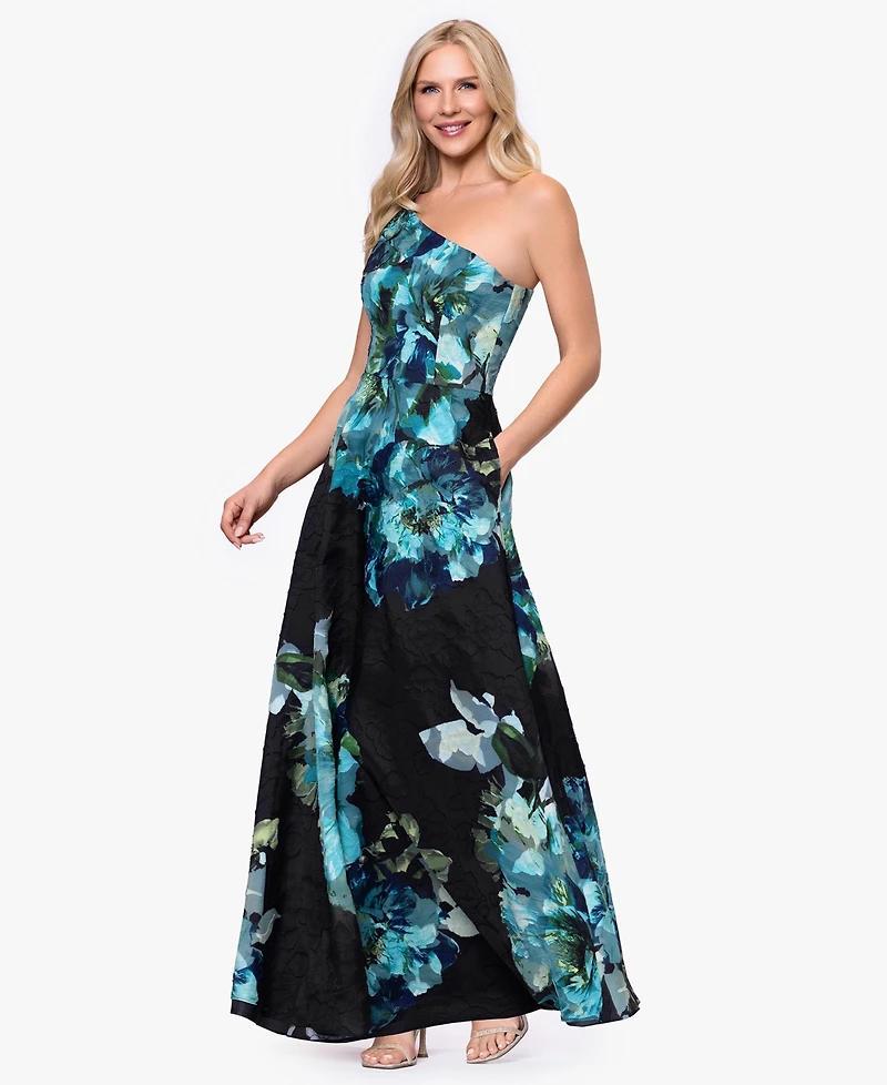 Betsy & Adam Petite Printed One-Shoulder Ball Gown Dress