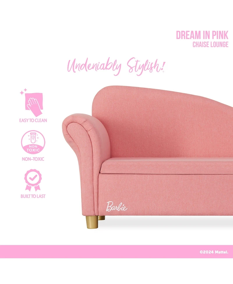 Evolur Girls Barbie Dream in Chaise Lounge, Soft Upholstered Seat with Raised Backrest, Gold-Tone Legs and Hidden Storage, Astm Certified