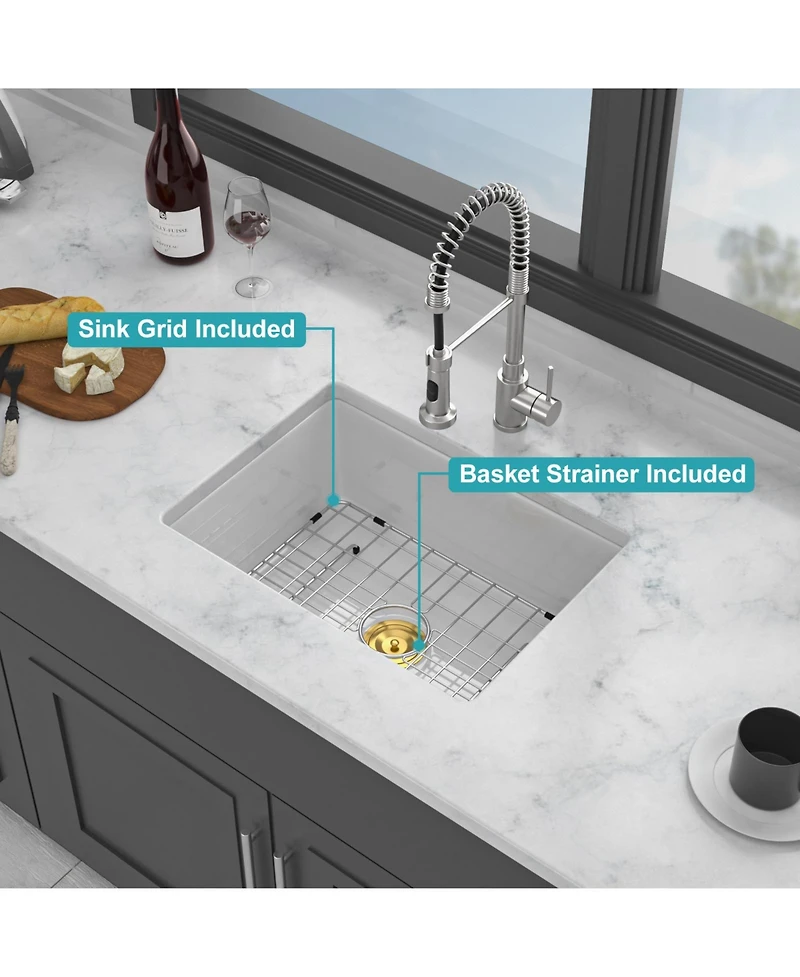 flynama huluwat Undermount Single Bowl Porcelain Ceramic Kitchen Sink Dual Mount White Ceramic Rectangular Deep Basin