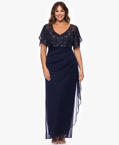 Xscape Plus-Size V-Neck Short-Sleeve Ball Gown