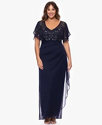 Xscape Plus-Size V-Neck Short-Sleeve Ball Gown