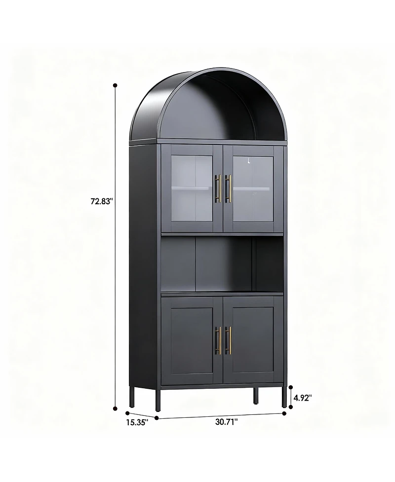 Yigii Metal Arched Kitchen Cabinet 4 Doors - Glass & Metal, Adjustable Shelves, Moisture-Proof