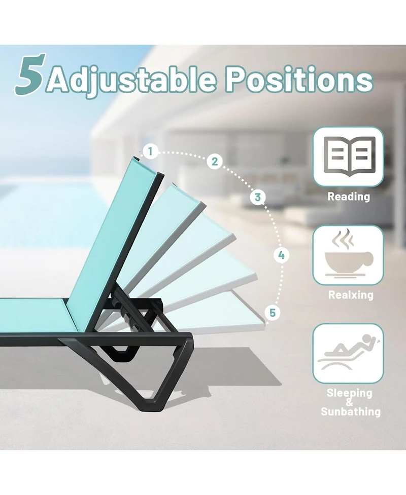 Clihome Outdoor Lounge Chair Set, Aluminum Plastic Patio Chaise with Side Table & 5 Position Adjustable Backrest Wheels