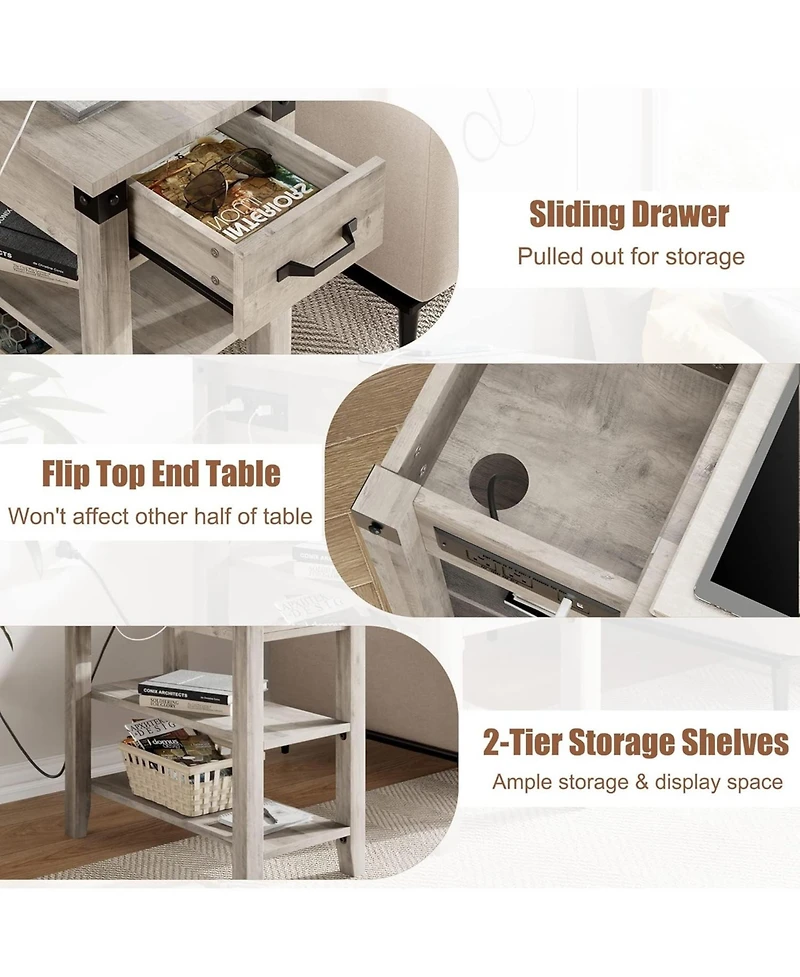 gaomon End Table with Usb Ports and Outlets, Flip Top Side Table Narrow Bedside Table with Drawer and Storage Shelves for Living Room
