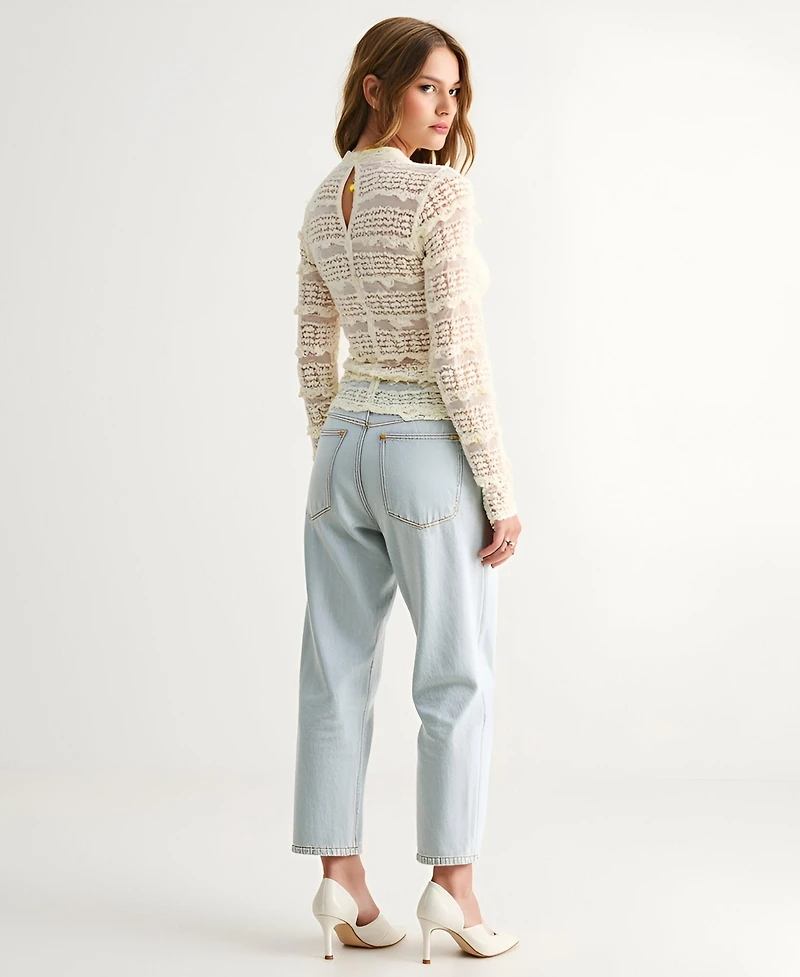 Modenaire Women's Sheer Lace Scalloped Mock Neck Long Sleeve Top