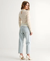 Modenaire Women's Sheer Lace Scalloped Mock Neck Long Sleeve Top