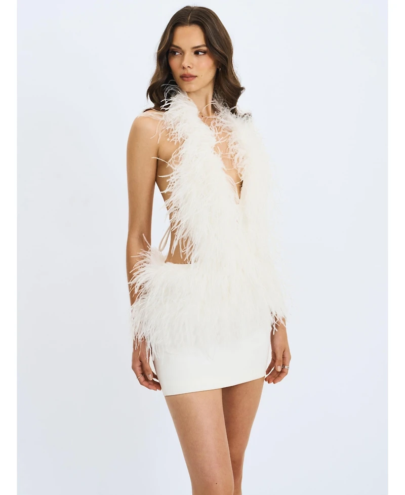 Miss Circle Women's Quisten Feathered Plunging Halter Mini Dress