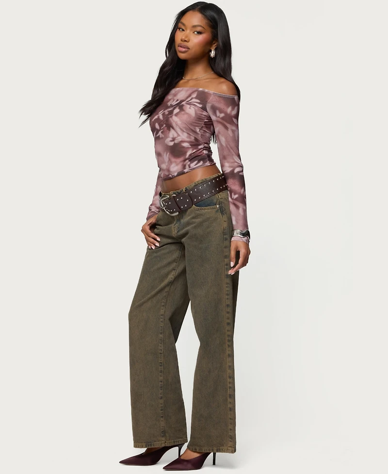 Edikted Women's Off Shoulder Printed Sheer Mesh Top