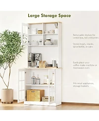 Yigii 72" Kitchen Pantry Cabinet with Hutch, Glass Doors, Adjustable Shelves