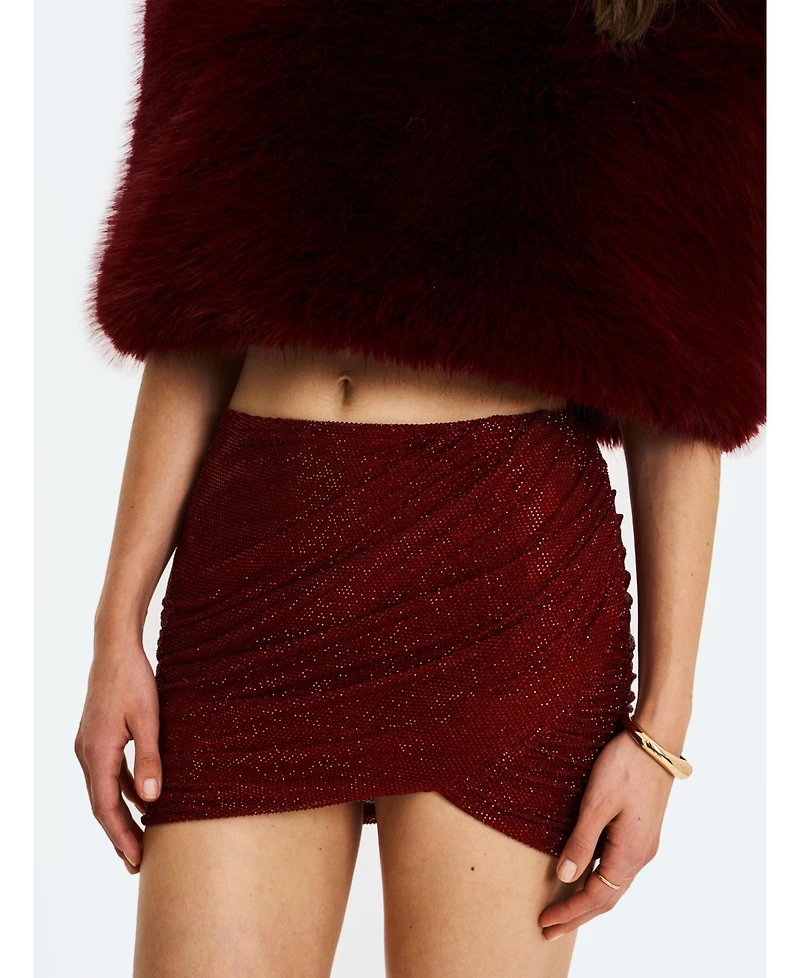 Miss Circle Women's Darleen Crimson Rhinestone Mesh Low Waist Ruched Skirt