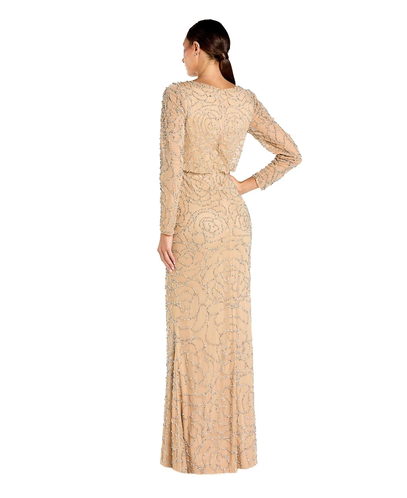 Mac Duggal Women's Long Sleeve Floral Beaded Blouson Gown