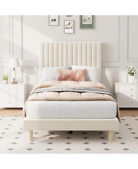 Gaomon Velvet Bed Frame, Vertical Channel Tufted Headboard, Height Adjustable, Upholstered Platform Bed, No Box Spring Needed