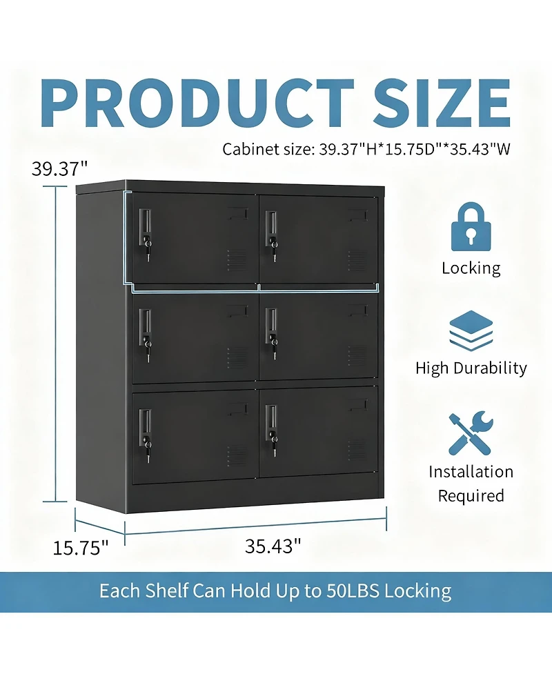 Yigii 6-Door Metal Locker with Vents, Locks, Card Slots for Home, School, Gym