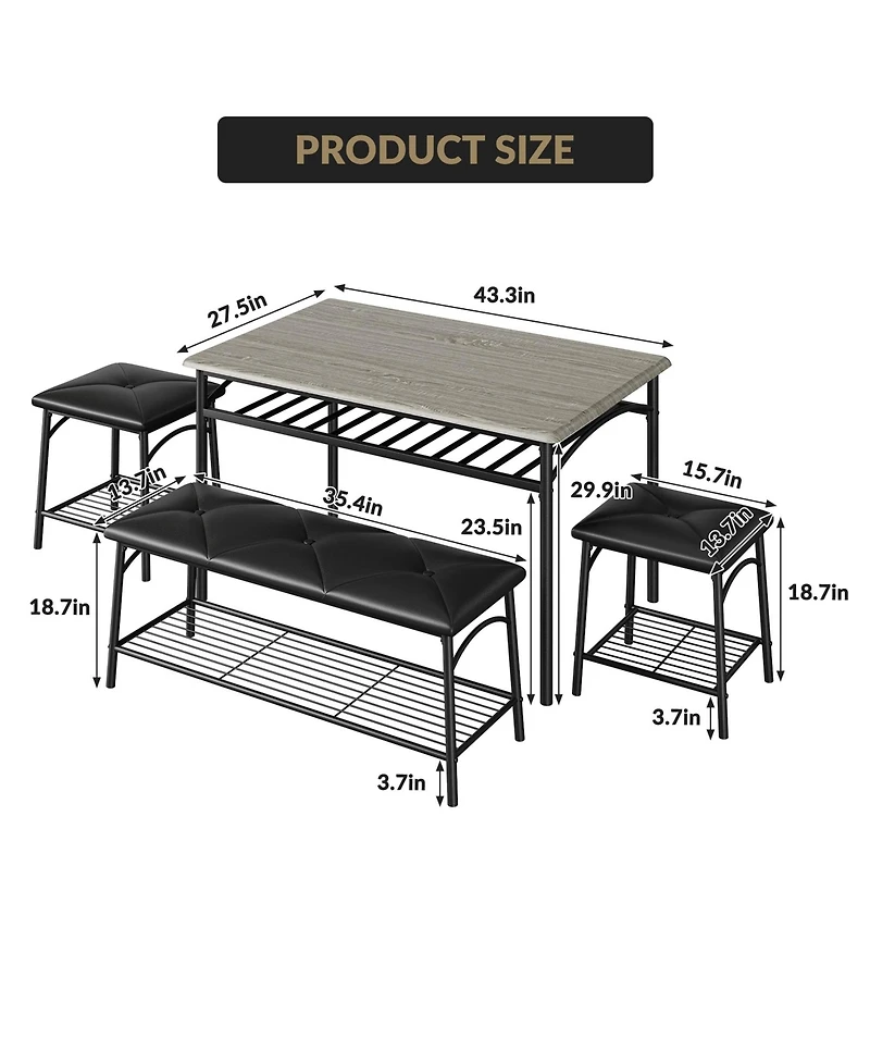 Gomon 4-Piece Dining Table Set with Upholstered Bench & 2 Stools, Storage Shelf, Space Saving Compact Kitchen