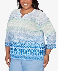 Alfred Dunner Plus Caribbean Blues Ombre Biadere Split Neck Top