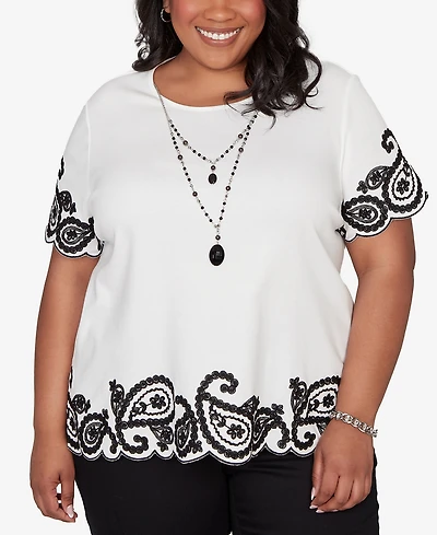Alfred Dunner Plus Crowd Pleaser Paisley Border Top With Necklace