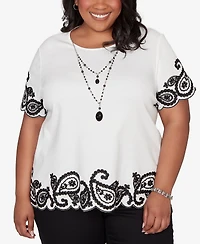 Alfred Dunner Plus Crowd Pleaser Paisley Border Top With Necklace
