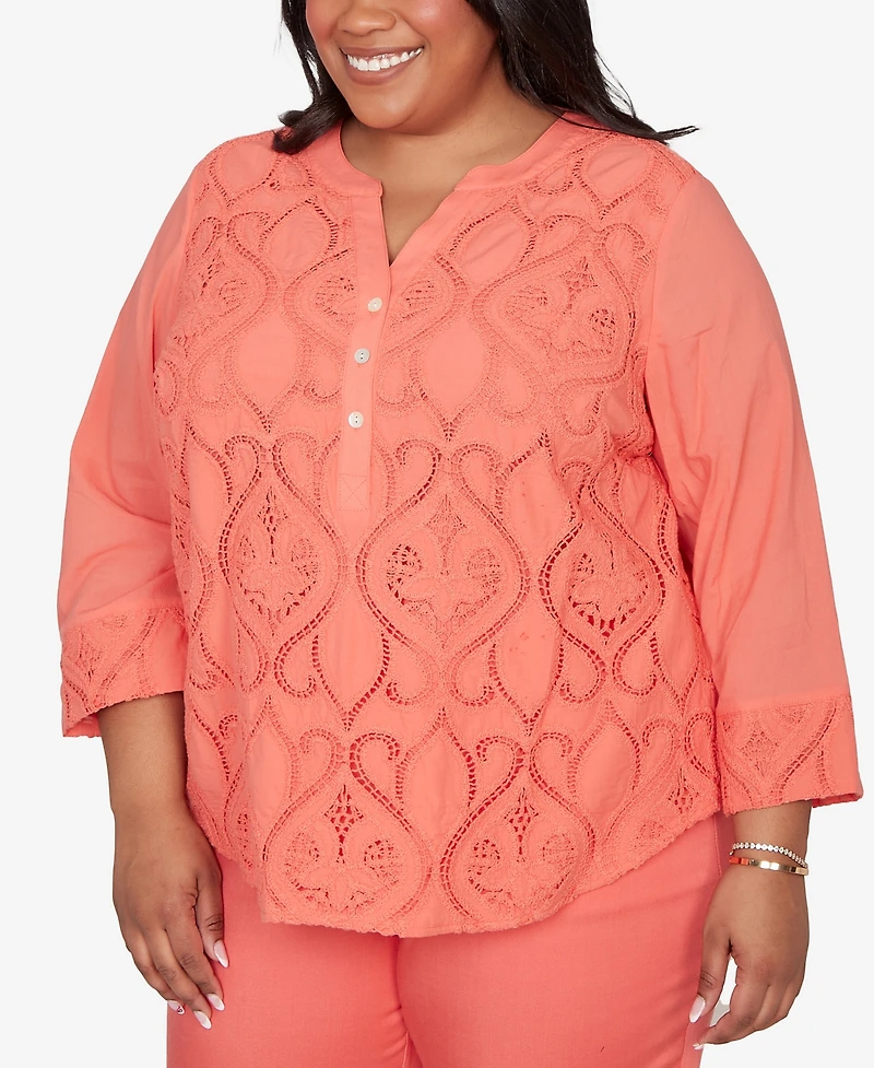 Alfred Dunner Plus Resort Living Textured Lace Scroll Henley Top