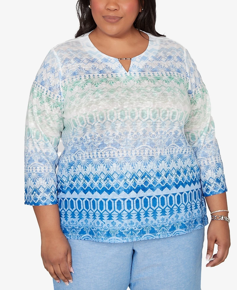 Alfred Dunner Plus Caribbean Blues Ombre Biadere Split Neck Top