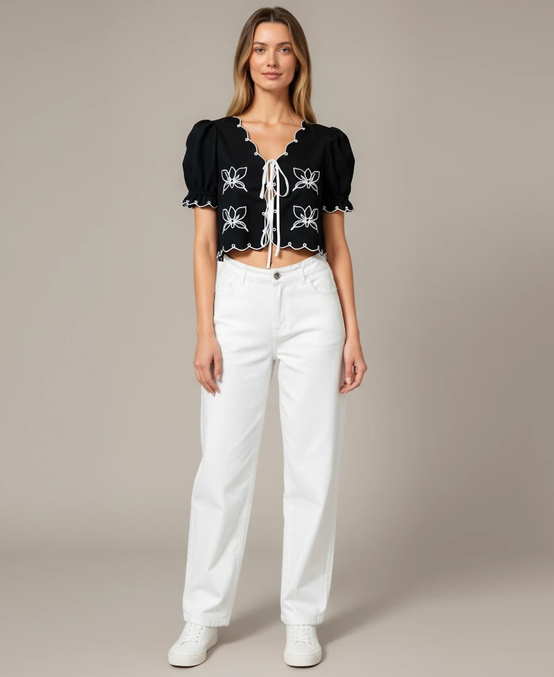 Modenaire Women's Bianca Puff Sleeve Tie-Front Embroidered Top