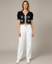 Modenaire Women's Bianca Puff Sleeve Tie-Front Embroidered Top