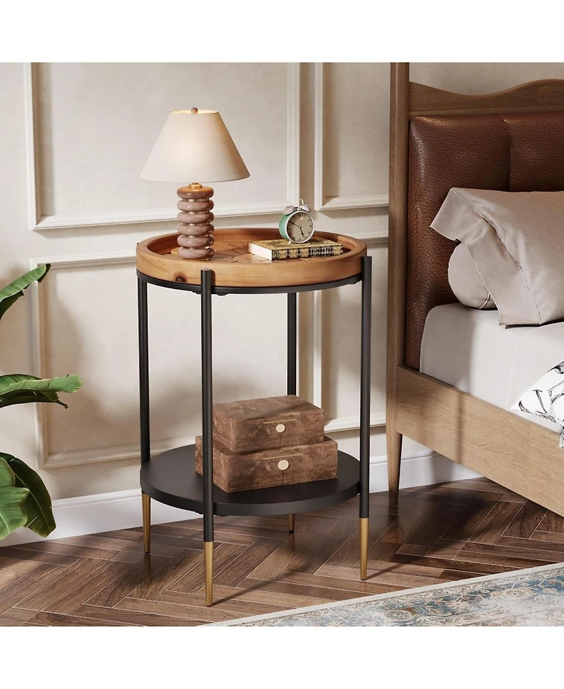 Tribesigns Round Side Table, 2-Tier End Table with Solid Wood and Metal, Industrial Nightstand