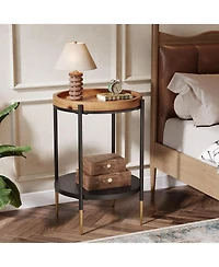 Tribesigns Round Side Table, 2-Tier End Table with Solid Wood and Metal, Industrial Nightstand