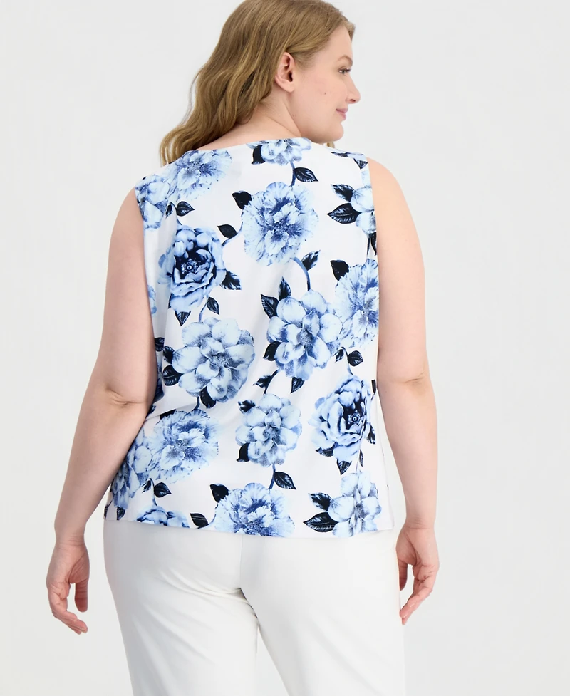 Anne Klein Plus Pleated-Neck Sleeveless Knit Top