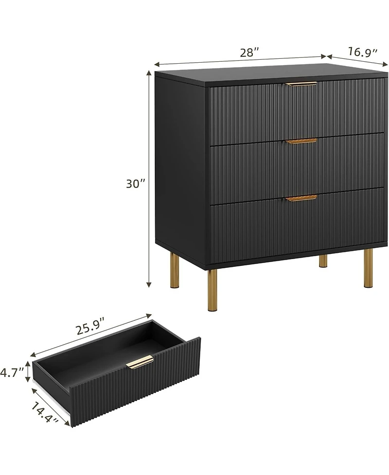 gaomon Modern 3 Drawer Dresser for Bedroom with Gold Handle and Large Drawer, Wood Double Chest of Drawers Storage Organizer Living