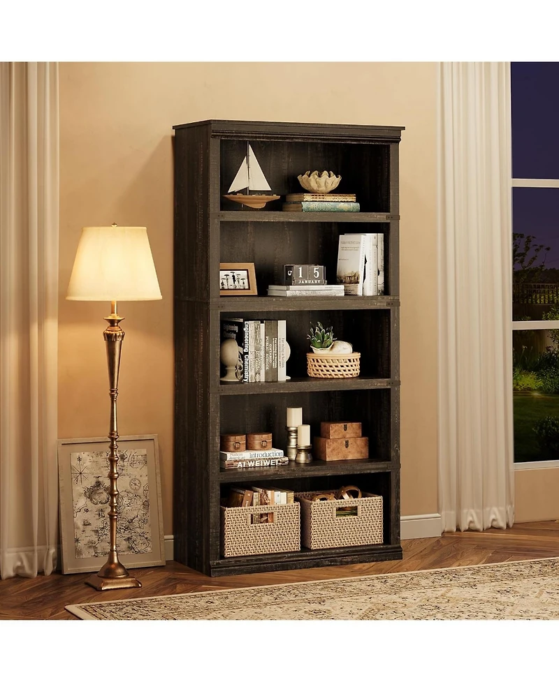 gaomon 67.4" Tall 5-Tier Farmhouse Bookcase - Wooden Bookshelf with Open Display Shelves and Storage, Freestanding Home Office, Living Room