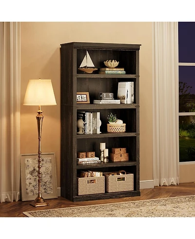 gaomon 67.4" Tall 5-Tier Farmhouse Bookcase - Wooden Bookshelf with Open Display Shelves and Storage, Freestanding Home Office, Living Room