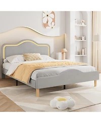 Gaomon Queen Size Bed Frame with Adjustable Led Headboard, Velvet Upholstered Princess Platform Bedframe with Footboard for Kids, Wooden Support