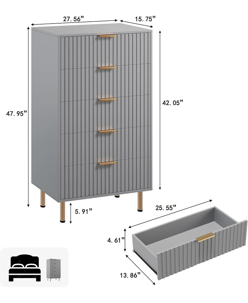 gaomon Fluted 5 Drawer Dresser for Bedroom, 48 in Tall Modern Chest of Drawers with Deep Drawers and Wide Top, Wooden Dresser Organizer