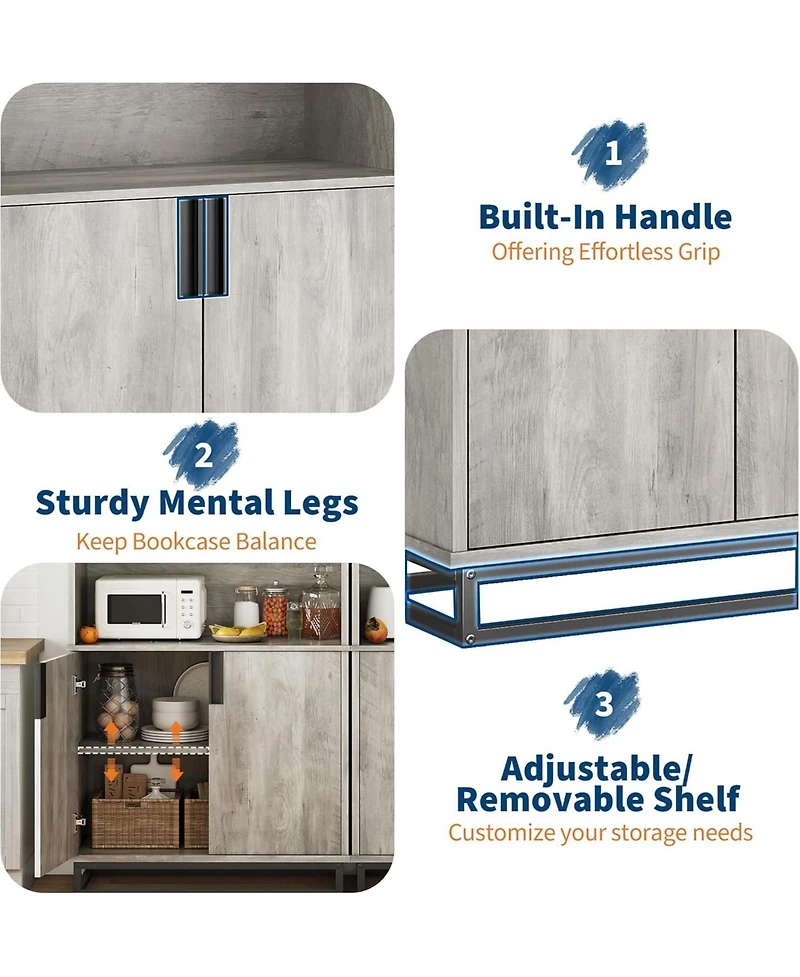gaomon 70.6" Tall Bookshelf with Doors and Metal Base, 5-Tier Farmhouse Bookcase with Cabinet and Adjustable Shelves