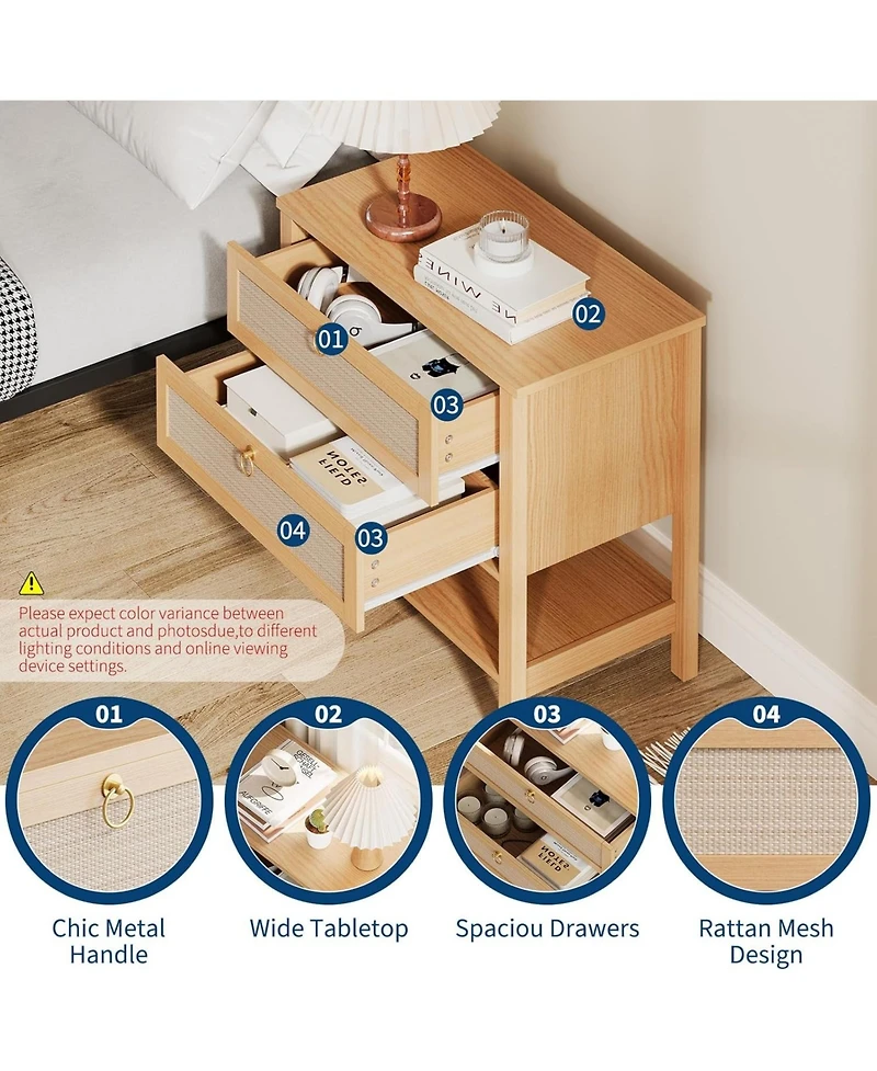 gaomon Rattan Night Stand Set of 2, Boho Night Stand with 2 Rattan Drawers, Large Bedside Table Side Table