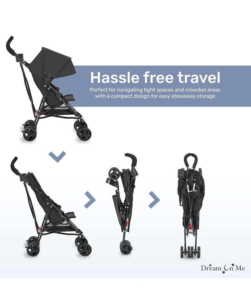 Dream On Me Toddler Rover Stroller: Lightweight, compact travel umbrella stroller. One-hand fold, lockable rear wheels, adjustable canopy, & 3-point h